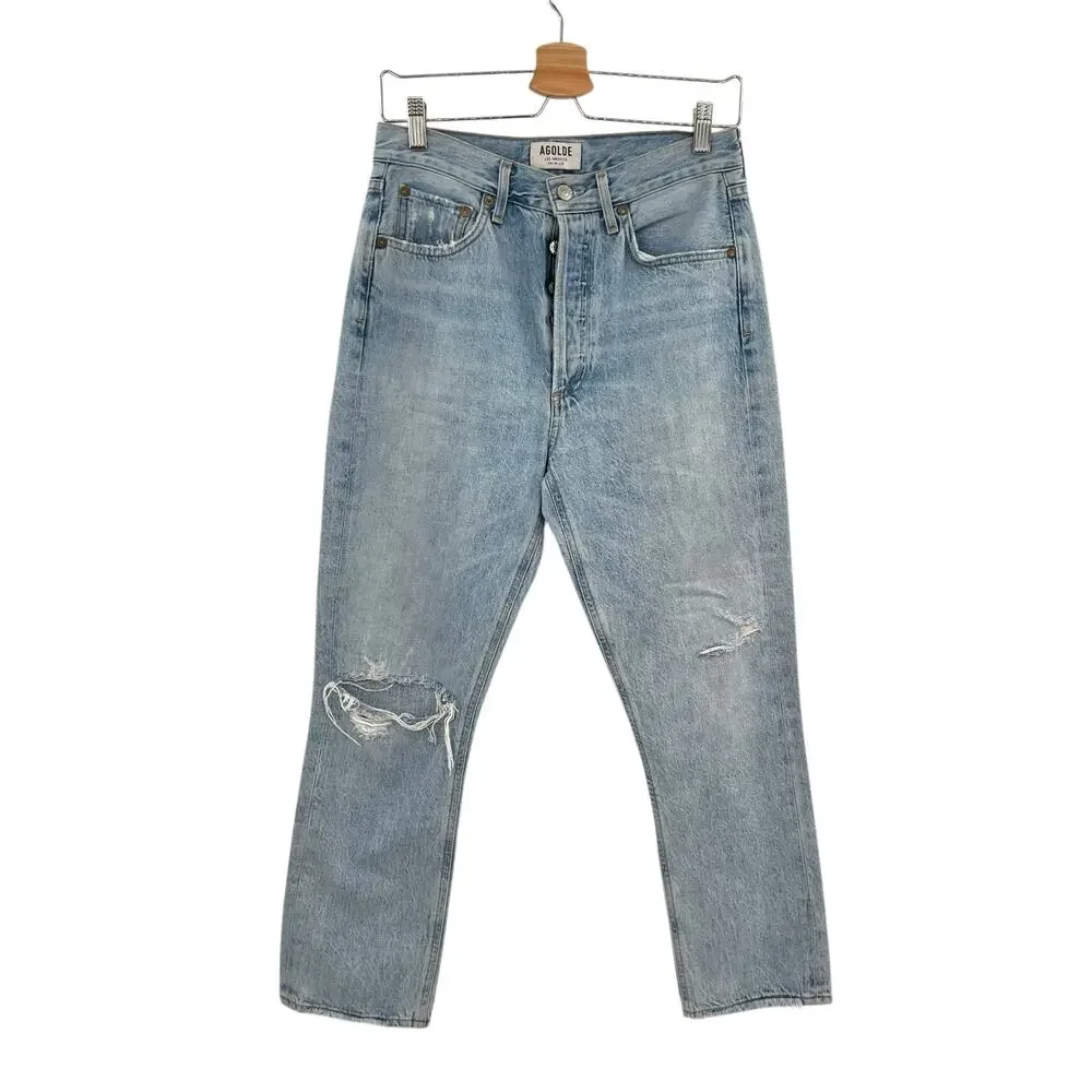 Agolde Riley High Rise Straight Crop Jeans Denim‎ Shatter Wash Blue Size 27
